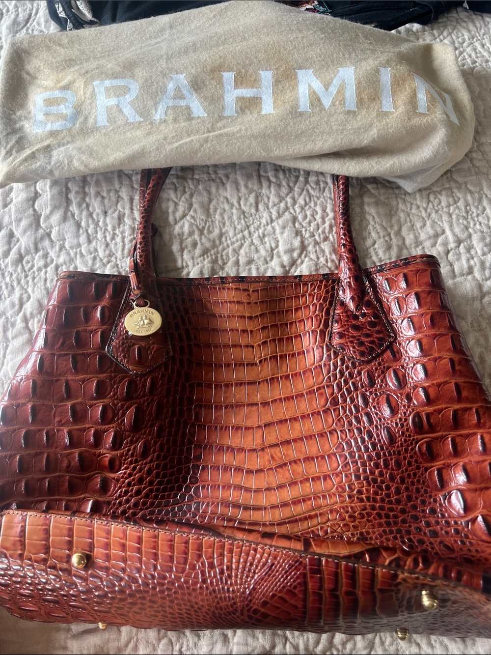 Brahmin Cognac Croc-Embossed Leather Tote with Gold Medallion